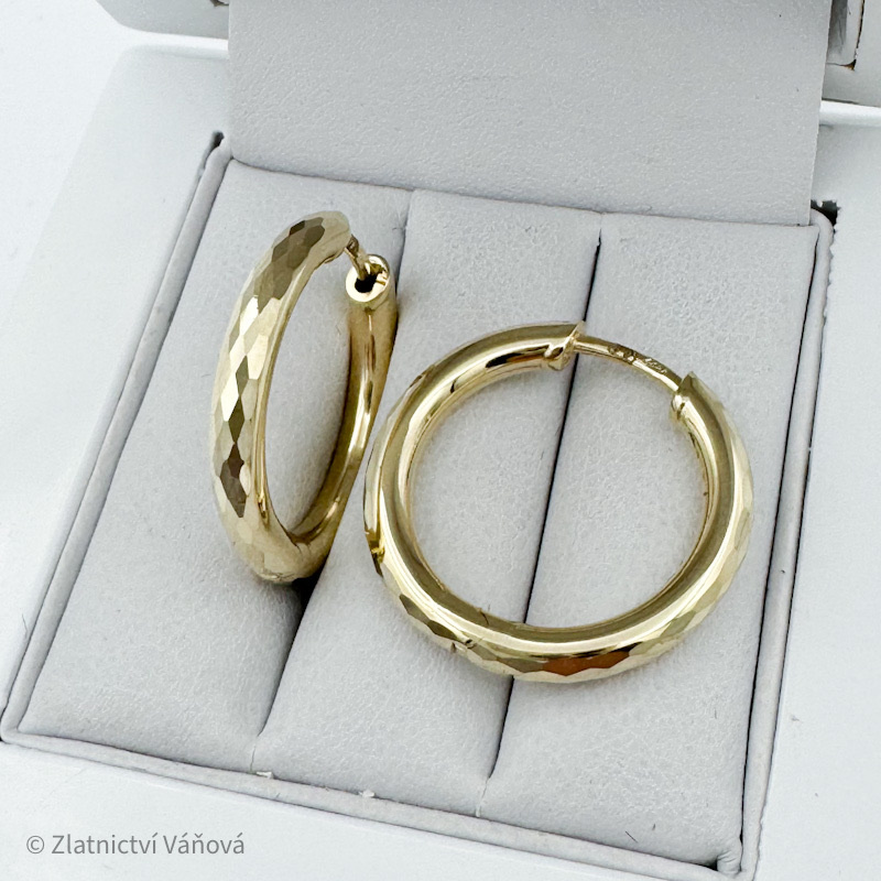 Žluté zlato náušnice kruhy duté se vzorem 21,3mm